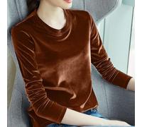 Weibliches Longsleeve Samt Stoff Rundhalsshirt Figurbetont Elegant Oberteil Schwarz Grün L-3XL(Brown L)