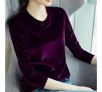 Weibliches Longsleeve Samt Stoff Rundhalsshirt Figurbetont Elegant Oberteil Schwarz Grün L-3XL(Deep purple 2XL)
