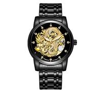 Weicam Herren Luxus Mechanische Skelett Automatik Selbstaufzug Edelstahl Lumious Uhr Drache geschnitztes Zifferblatt Diamant Business Uhren Wasserdicht Armbanduhr, Schwarz, Mechanisch