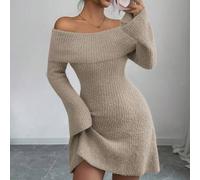 Weich & bequemes Off-Shoulder Kleid mit Glockenärmeln, khakifarbener Krepp-Textur, Lässig-eleganter Modestil, Mini-Sweaterkleid, geeignet für verschie