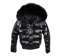 Weicher glänzender Damen-Daunenmantel, kurze Jacke aus Kunstpelz, warme verdickte Daunenjacke, Schwarz 4, M