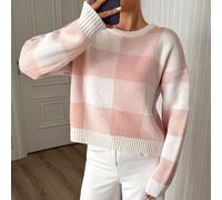 Weicher Touch karierter kurzer gerippter Strickpullover Brunch Teeparty staubiges Rosa Herbst Winter lässig romantisch