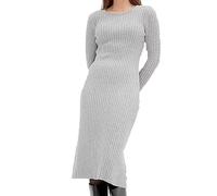 weiches Damen Midi-Kleid Basic-Kleid im Strick-Stil Langarm-Kleid 971307 Grau 40/42