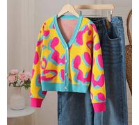Weiches Gelb, Herbst, süß, Feiertag, Schulanfang Mädchen gemusterter Jacquard Strick Cardigan, Langarm Leoparden Muster Knopfverschluss Pullover für T