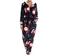 Weihnachten Damen Schlafanzug Lang Warm Jumpsuit Langarm Onesie Teddy Fleece Pyjama mit Kapuze Schlafanzug Overall Kuschelig Hausanzug Anzug Flauschig Santa Claus Schlafoverall
