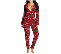 Weihnachten Damen Sexy Funktionale Geknöpfte Klappe V-Ausschnitt Langarm Strampler Schlafanzug Lang Nachtwäsche Jumpsuit Body Einteiler Pyjama Overall Onesie Schlafoverall Spielanzug Bodysuit