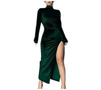 Weihnachten Kleid schwarz Damen Samt Split Rollkragen Midi Kleid Vintage Slim Fit Langarm Kleid Winter Party Einfarbig Samtkleid (Grün ， S)