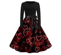 Weihnachts Kleid Damen Gothic Kleid Valentinstag Herz Muster Drucken A Linien Kleid mit Bow Vintage Bequeme Rundhals Langarm Knielang Kleid (Coffee ， XL)