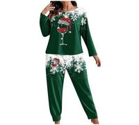 Weihnachts Schlafanzug Damen,Lang Kuschelig Weihnachtspyjama Damen Warm Winter Gefütterte Schlafanzug Weihnachten Frauen mit Bündchen Zweiteiler Hausanzug Christmas Pyjama mit Motiven