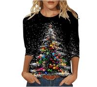 Weihnachtsbluse Damen 3D Glänzend Weihnachtsbaum Druck Oberteile Weihnachten 3/4 Arm Tshirts Locker Rundhals Weihnachtsshirt Große Größen Xmas T Shirt Basic Xmas Langarmshirt Bluse