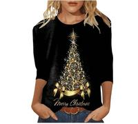 Weihnachtsbluse Damen 3D Glänzend Weihnachtsbaum Druck Oberteile Weihnachten 3/4 Arm Tshirts Locker Rundhals Weihnachtsshirt Große Größen Xmas T Shirt Basic Xmas Langarmshirt Bluse