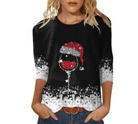 Weihnachtsbluse Damen Lustig 3D Muster Weihnachtspullover Elegant 3/4 Ärmel Rundhals Tunika Bluse Christmas Pullover Weihnachtsbaum Hemdbluse Tops Festliche Oberteile für Weihnachten Party