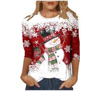 Weihnachtsbluse Damen Lustig 3D Muster Weihnachtspullover Elegant 3/4 Ärmel Rundhals Tunika Bluse Christmas Pullover Weihnachtsbaum Hemdbluse Tops Festliche Oberteile für Weihnachten Party