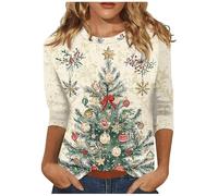 Weihnachtsbluse Damen Lustig 3D Muster Weihnachtspullover Elegant 3/4 Ärmel Rundhals Tunika Bluse Christmas Pullover Weihnachtsbaum Hemdbluse Tops Festliche Oberteile für Weihnachten Party