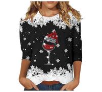Weihnachtsbluse Damen Lustig 3D Muster Weihnachtspullover Elegant 3/4 Ärmel Rundhals Tunika Bluse Christmas Pullover Weihnachtsbaum Hemdbluse Tops Festliche Oberteile für Weihnachten Party