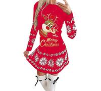 Weihnachtskleid Damen Cartoon-Elch-Motiv Pulloverkleider Langarm Rundhals Weihnachten Kurz Kleider Slim Fit Shirtkleider Jumperkleid mit Rentier Gedruckt Winter Schmaler Rock