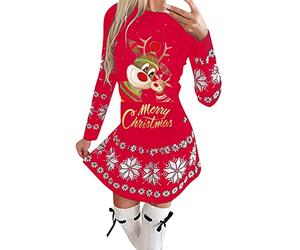 Weihnachtskleid Damen Cartoon-Elch-Motiv Pulloverkleider Langarm Rundhals Weihnachten Kurz Kleider Slim Fit Shirtkleider Jumperkleid mit Rentier Gedruckt Winter Schmaler Rock