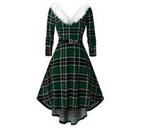 Weihnachtskleid Damen Elegant - Kleid Weihnachten Cocktailkleid Weihnachts Kleider mit Pelzkragen V Ausschnitt A Linie Rot Karierte Abendkleider Partykleid Weihnachtskleider für Frauen