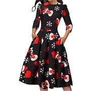 Weihnachtskleid Damen Elegant - Kleid Weihnachten Partykleid Weihnachts Kleider Damen Knielang mit Weihnachtsmotiv Lustig A Linie Freizeitkleid Festliche Party Weihnachtskleider für Frauen