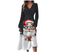 Weihnachtskleid Damen Elegant Weihnachts 3D Druck V Ausschnitt Langarm Midi Kleid Frauen Xmas A Linie Swing Kleider Christmas Tunika Partykleid Festlich Ballkleid Abendkleider Casual Blusenkleid