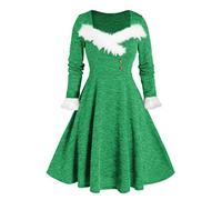 Weihnachtskleid Damen Große Größe Langarm Elegant Rockabilly Partykleid Retro Festliches Kleider Warm Plüsch V-Ausschnitt Winterkleid Knielang Midikleid Hohe Taille Einfarbig A-Linie Cocktailkleid