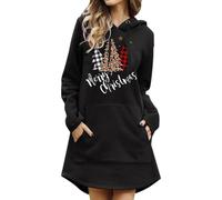 weihnachtskleid damen lang,Weihnachtskleid Damen Langarm Sweatkleid Elegant Longpullover mit Weihnachten Motiv 3D Gedruckt Leicht Sweatshirt Frauen Casual Dress Weicher Kapuzenpullover Schwarz XXL