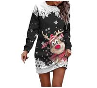 Weihnachtskleid Damen Langarm Pullover Kleid Winter Rundhals Minikleid Rentier Druck Weihnachten Kleider Elegant Festliches Outfit Weihnachtspullover Frauen Festliche Party Kleid Silvester Kleider