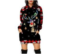 Weihnachtskleid Damen Lustig Cartoon-Elch-Motiv Pulloverkleid Hoodie Weihnachtspullover Kapuzenkleid mit Taschen Langarm Sweatshirt Wickelkleid Kapuzenpulli Minikleid Xmas Schmaler Rock