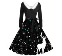 Weihnachtskleid Damen Lustig Elegant Langarm Festliches Kleider Winter V-Ausschnitt Weihnachtspullover Midi Kleid Merry Christmas Partykleid Weihnachtsfrau Weihnachtskleider für Weihnachten Party