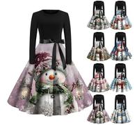 Weihnachtskleid Damen Lustig Schneemann Druck Weihnachtskleider Elegant Rundhals Langarm Kleider Ugly Christmas Cocktailkleid Vintage Rockabilly A-Linie Partykleid Weihnachten Festliches Abendkleider