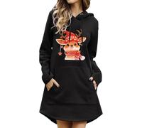 weihnachtskleid damen lustig,Weihnachtskleid Damen Langarm Sweatkleid Elegant Longpullover mit Weihnachten Motiv 3D Gedruckt Leicht Sweatshirt Frauen Casual Dress Weicher Kapuzenpullover Schwarz L