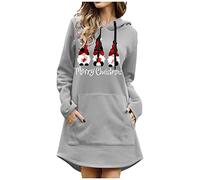weihnachtskleid damen lustig,Weihnachtskleid Damen Langarm Sweatkleid Elegant Longpullover mit Weihnachten Motiv 3D Gedruckt Leicht Sweatshirt Frauen Casual Dress Weicher Kapuzenpullover Grau M