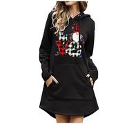 weihnachtskleid damen lustig,Weihnachtskleid Damen Langarm Sweatkleid Elegant Longpullover mit Weihnachten Motiv 3D Gedruckt Leicht Sweatshirt Frauen Casual Dress Weicher Kapuzenpullover Schwarz L