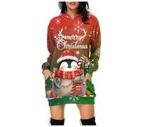 Weihnachtskleid Damen, Merry Christmas Hoodie Kleid Damen Weihnachtspullover Weihnachtskleider Weihnachtspullis Schneeflocke Pinguin Drucken Kapuzenpullover Kleid Langes Weihnachts Pulli Kleid