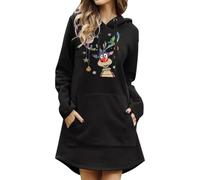 weihnachtskleid damen rot,Weihnachtskleid Damen Langarm Sweatkleid Elegant Longpullover mit Weihnachten Motiv 3D Gedruckt Leicht Sweatshirt Frauen Casual Dress Weicher Kapuzenpullover Schwarz L