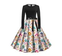 Weihnachtskleid Damen, Weihnachten Party Kleid Langarm Sexy Cocktailkleid Rockabilly Vintage Abendkleider A-Linie Swing Weihnachtskleider Lustig Weihnachtlich Bedruckt Festival Kleid Mädchen