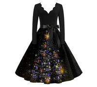 Weihnachtskleid, Fallkleid Damen Kleid Silvester Festlich Damen Sexy Weihnachtskleider Elegant V Ausschnitt Kleid Mit Weihnachtsmotiv Silvester Kleid Kleider Damen Festlich (Schwarz,M)