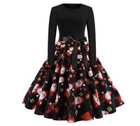 Weihnachtskleid für Damen, langärmelig, lässig, Cocktailkleid, A-Linie, festliches Swingkleid