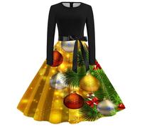 Weihnachtskleid Mädchen, Xmas Partykleid Langärmeliges Elegant Cocktailkleid Rockabilly Vintage Abendkleider A-Linie Swing Christmas Dress Lustige Weihnachtlich Bedruckt Weihnachtskleidung Mädchen