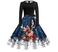 Weihnachtskleider Damen, Xmas Partykleid Elegant Langärmeliges Cocktailkleider Rockabilly Vintage Abendkleid A Linie Swing Weihnachten Kleid Lustige Weihnachten Gedruckt Vintage-Kleider Mädchen