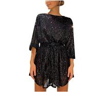 Weihnachtsoutfit Damen Tshirt Kleid Damen Weinachts Kleidung Pailletten Laternenärmel Kurz Kleid mit Gürtel Hohe Taille Rundhals Minikleid Elegant A-Linie Kleid (Schwarz,S)