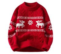 Weihnachtspulli Herren Rundhals Weihnachtspullover Lustig Rentier Druck Retro Hässlich Weihnachten Strickpullover Ugly Christmas Sweater Warme Strickpulli Rot 4XL