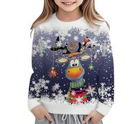 Weihnachtspulli Mädchen 158, Mädchen Sweatshirt 134 Festliches Sweatshirt mit Rentier-Print für Langarm Rundhals für den Urlaub Gemütlich Lässig Pullover (Blue 7-8Years)
