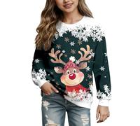 Weihnachtspullover 164 Mädchen, Mädchen Sweatshirt 134 Mädchen-Sweatshirt mit Rundhals Cartoon-Hirschkopf Langärmlig (2 Jahre 14 Jahre) (Dark Green 7-8 Years)