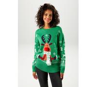 Weihnachtspullover ANISTON CASUAL, Damen, Gr. 38, grün (grün, weiß, hellbraun, rost, marine), Strick, Obermaterial: 100% Polyacryl, Jacquardmuster, gemustert, lässig geschnitten hüftbedeckend, Rundhal