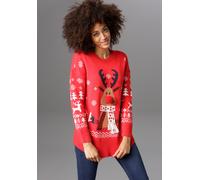 Weihnachtspullover ANISTON CASUAL, Damen, Gr. 46, rot (rot, weiß, marine, hellbraun, braun), Strick, Obermaterial: 100% Polyacryl, Jacquardmuster, gemustert, lässig geschnitten hüftbedeckend, Rundhals