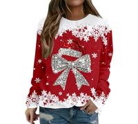Weihnachtspullover Damen Glitzer Rot Weinglas Druck Lustig Weihnachtspulli Merry Christmas Sweatshirt Ugly Xmas Sweater Rundhals Langarmshirts Baumwolle Mädchen Winter Weihnachten Pullover Oberteil