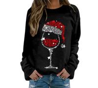 Weihnachtspullover Damen Große Größen Lustig Weihnachts Sweatshirt Glitzer Rotweinglas Weihnachtspulli Oversized Rundhals Langarm Weihnachten Pullover Ugly Christmas Oberteile Frauen Xmas Pulli Tops