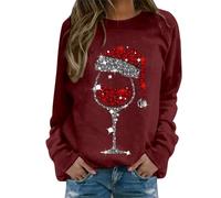 Weihnachtspullover Damen Große Größen Lustig Weihnachts Sweatshirt Glitzer Rotweinglas Weihnachtspulli Oversized Rundhals Langarm Weihnachten Pullover Ugly Christmas Oberteile Frauen Xmas Pulli Tops