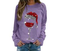 Weihnachtspullover Damen Große Größen Lustig Weihnachts Sweatshirt Glitzer Rotweinglas Weihnachtspulli Oversized Rundhals Langarm Weihnachten Pullover Ugly Christmas Oberteile Frauen Xmas Pulli Tops